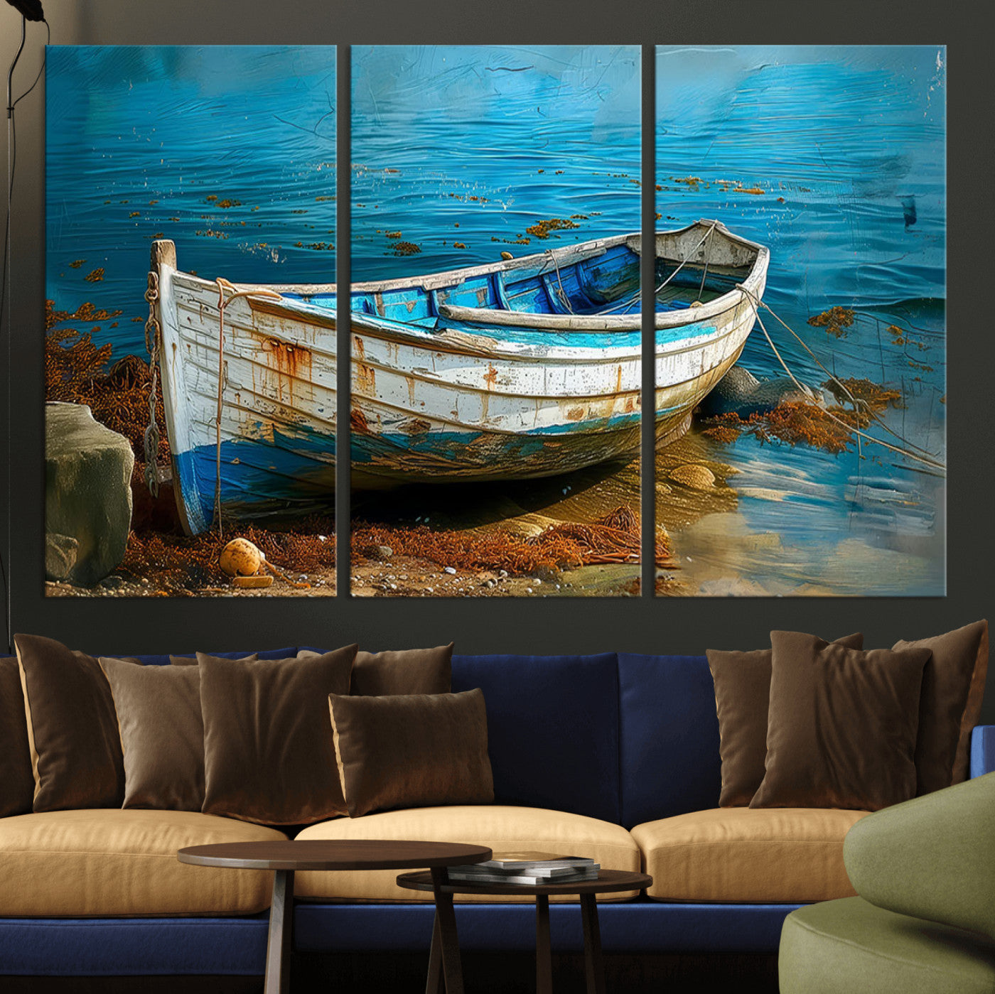 54716-MGV-CV-36X24-Vintage Boat on Tranquil Waters | Coastal Wall Art for Nautical Decor | Rustic Triptych Canvas Print