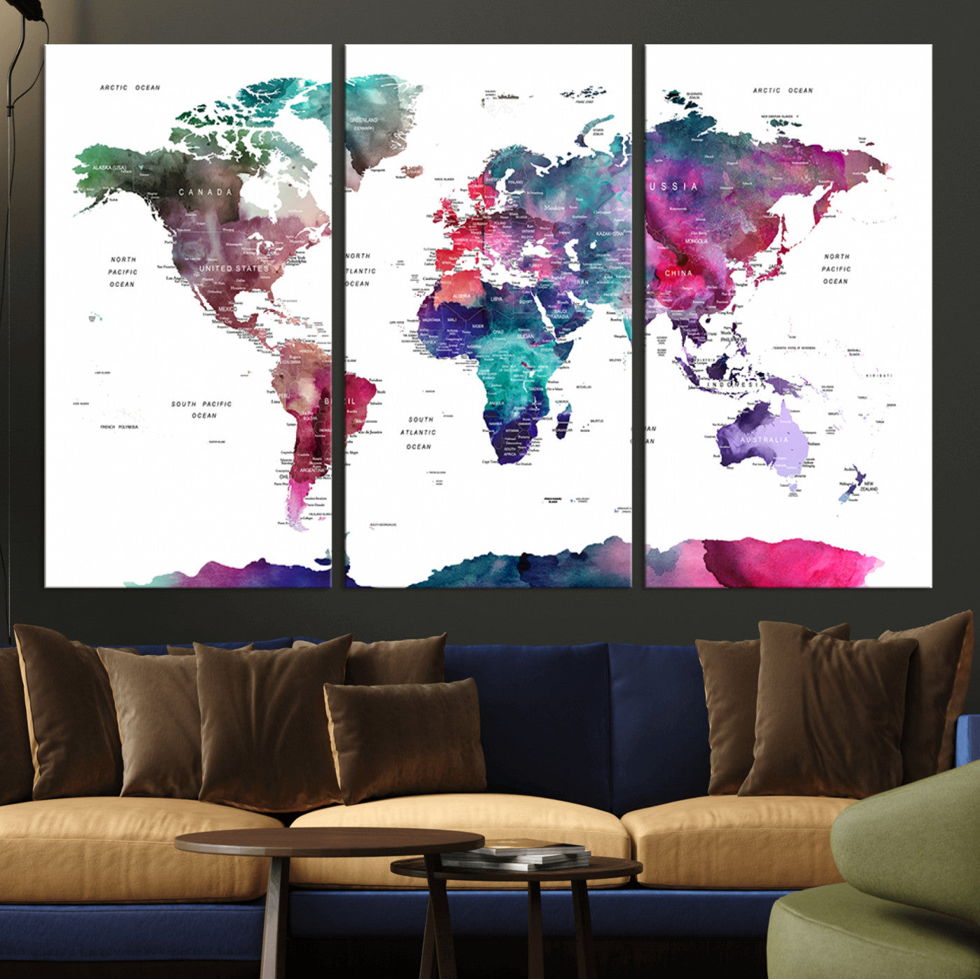 78176-MGV-CV-36X24-Colorful Watercolor World Map Canvas Wall Art – Framed Modern Map Print, Vibrant Travel Inspired Artwork for Home and Office Decor