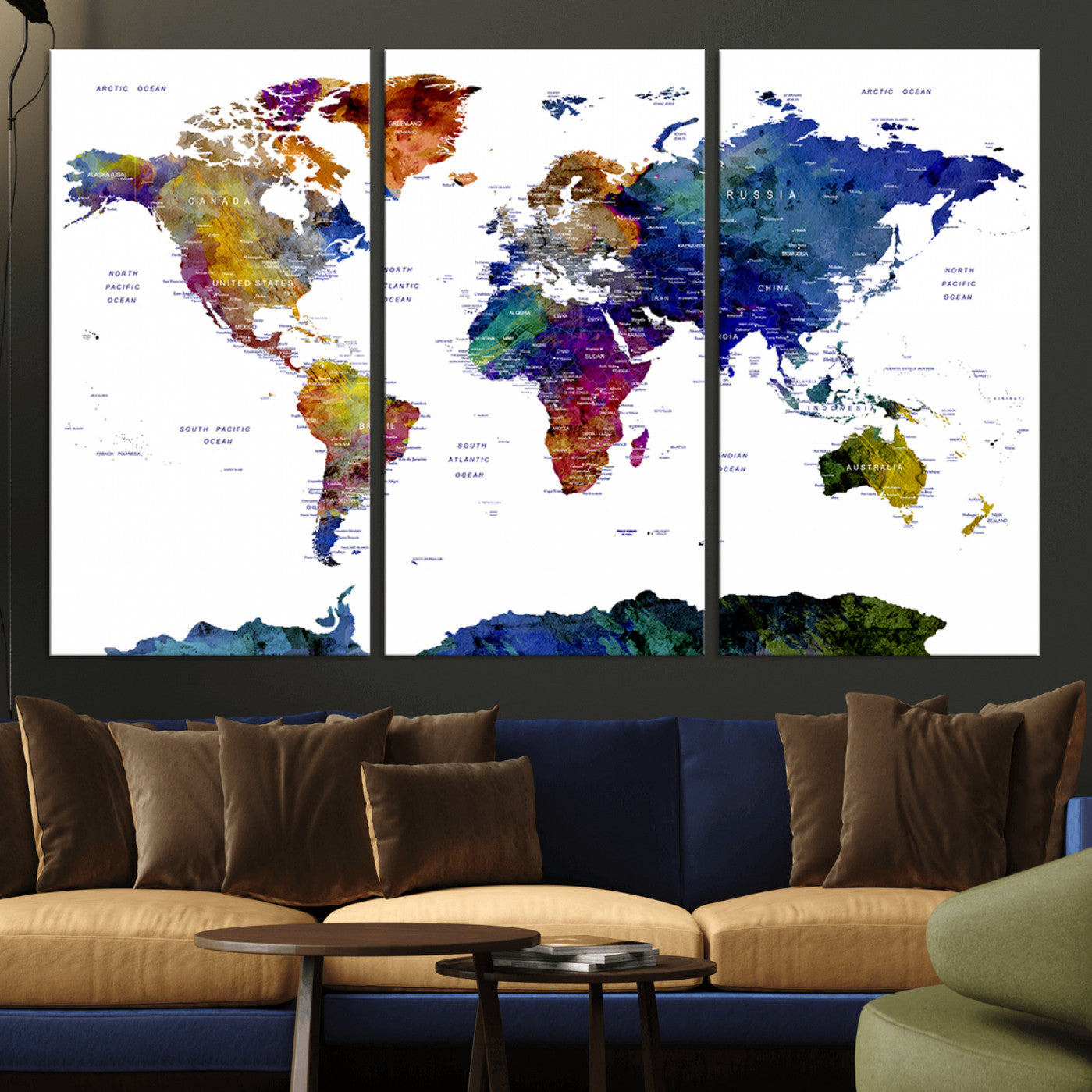 90446-MGV-CV-36X24-Colorful Watercolor World Map Canvas Wall Art – Framed Modern Push Pin Travel Map for Home and Office Decor