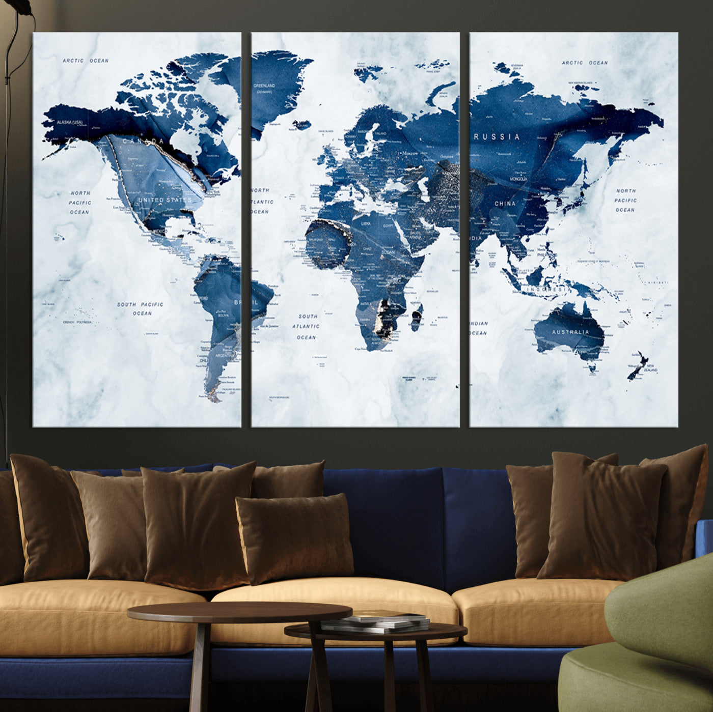 -Modern Blue Marble World Map Canvas Print – Framed Push Pin Wall Art, Elegant Travel Map Artwork for Home Office or Living Room Decor