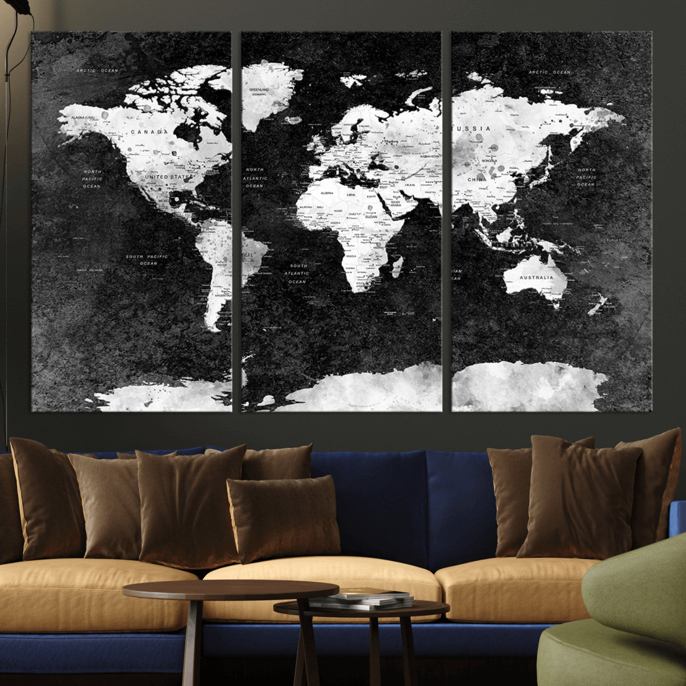 90682-MGV-CV-36X24-Black and White World Map Canvas Print – Framed Push Pin Wall Art for Couples, Modern Minimalist Travel Map for Elegant Home and Office Decor