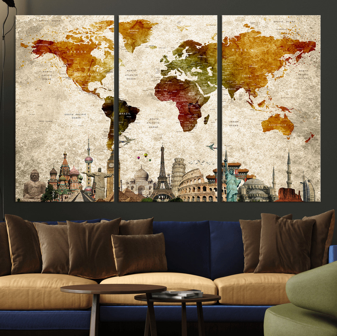 40637-MGV-CV-36X24-Push Pin World Map Canvas Print – Framed Travel Map Wall Art for Couples, Anniversary Gift, Modern Home or Office Decor