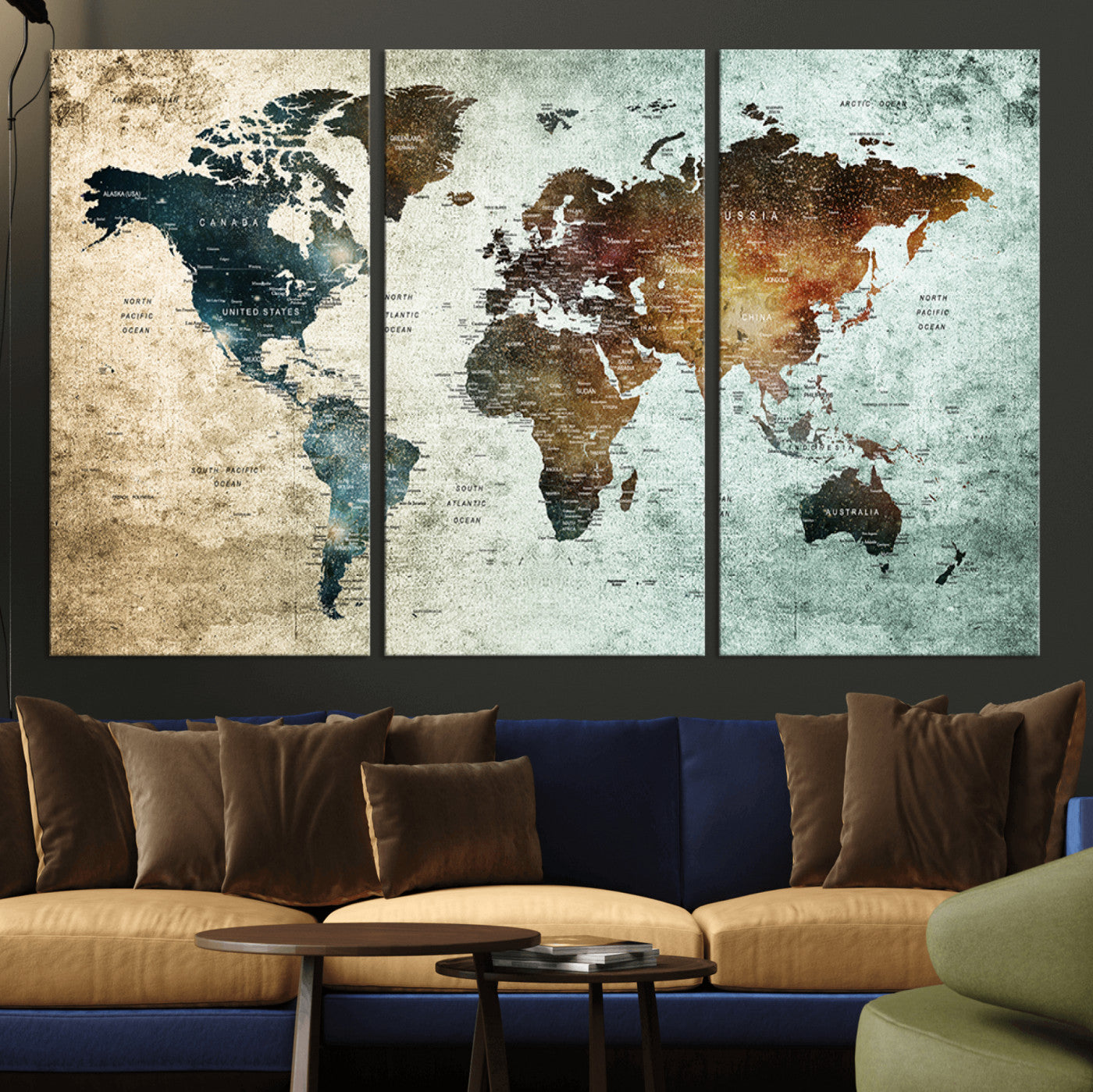 25140-MGV-CV-36X24-World Map Canvas Print – Framed Vintage Style Push Pin Wall Art, Elegant Travel Map Decor for Home or Office