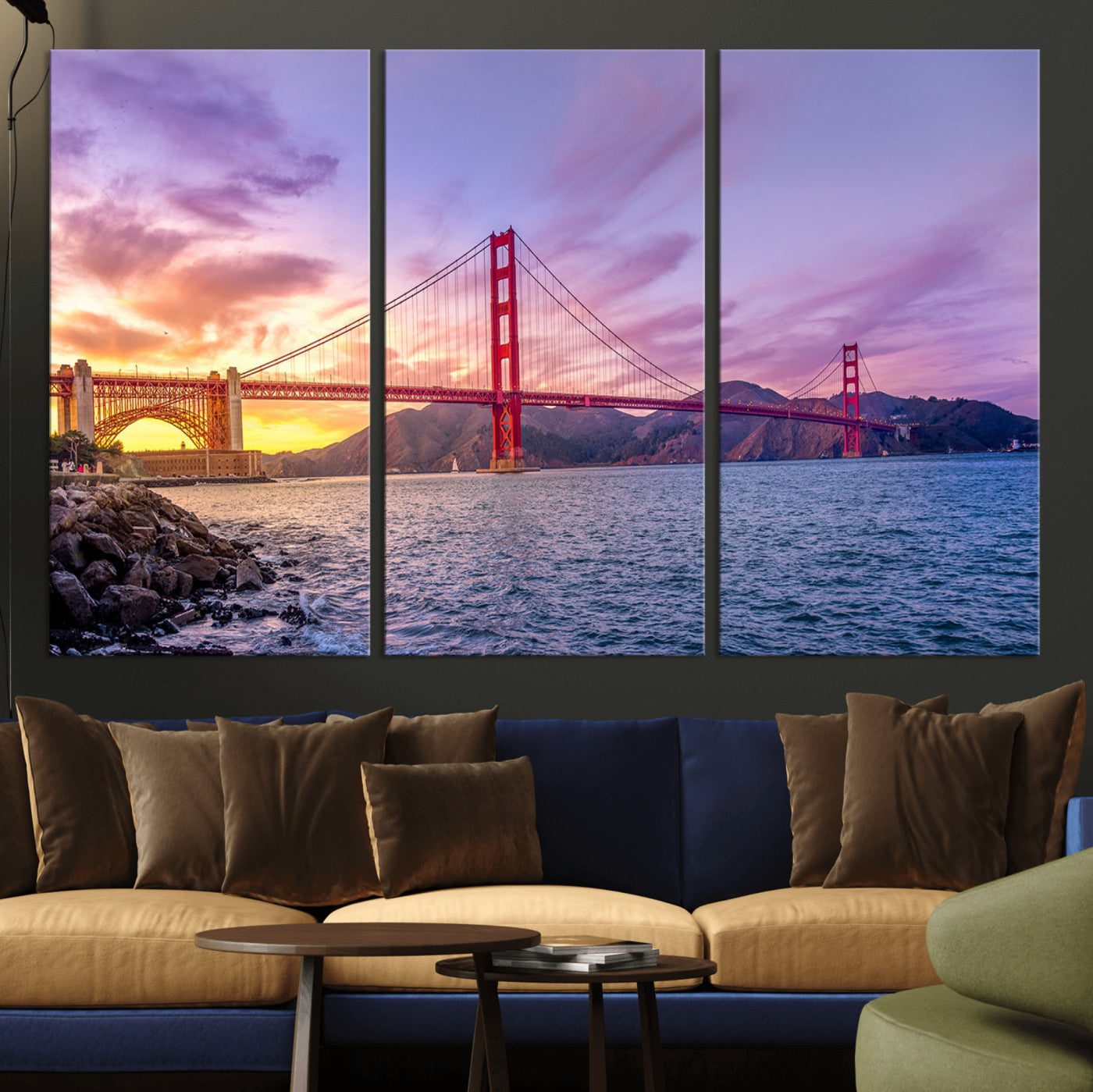 27106-MGV-CV-36X24-Golden Gate Bridge Wall Art Canvas Print – Framed San Francisco Sunset Scene with Cityscape Artwork for Home, Office