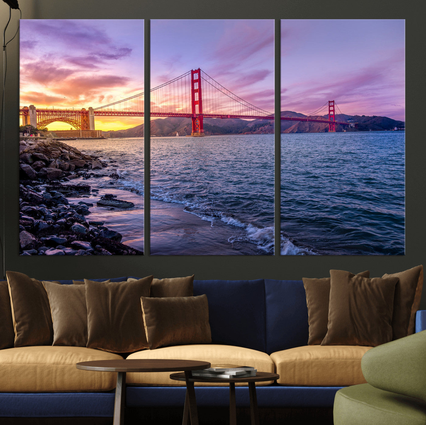 24256-MGV-CV-36X24 - Golden Gate Bridge Wall Art Print, San Francisco Sunset Canvas Wall Art, Cityscape Canvas Print for