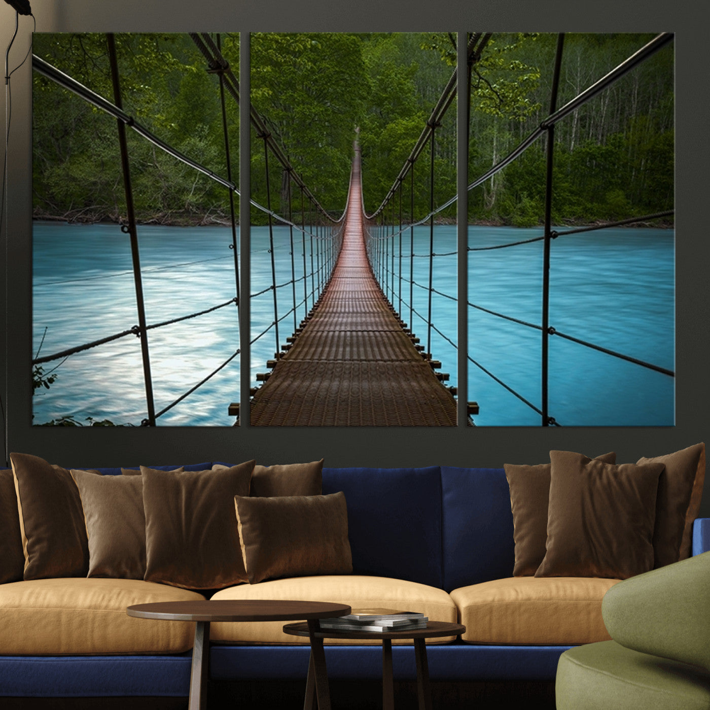 -Suspension Bridge Over River Canvas Art | 3-Panel Nature Photography | Scenic Wall Art for Living