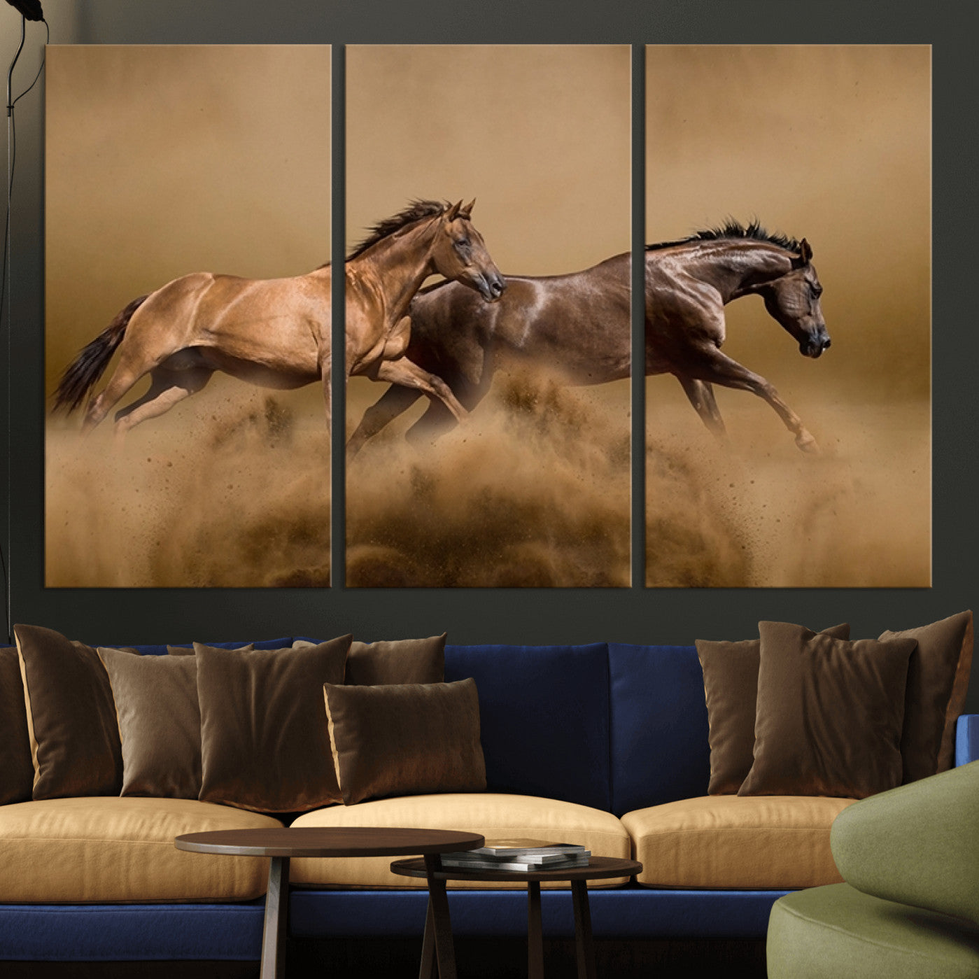 53721-MGV-CV-36X24-Large Wall Art Canvas Print – Two Running Brown Horses Motion Animal Artwork for Home, Office, Living Room Decor