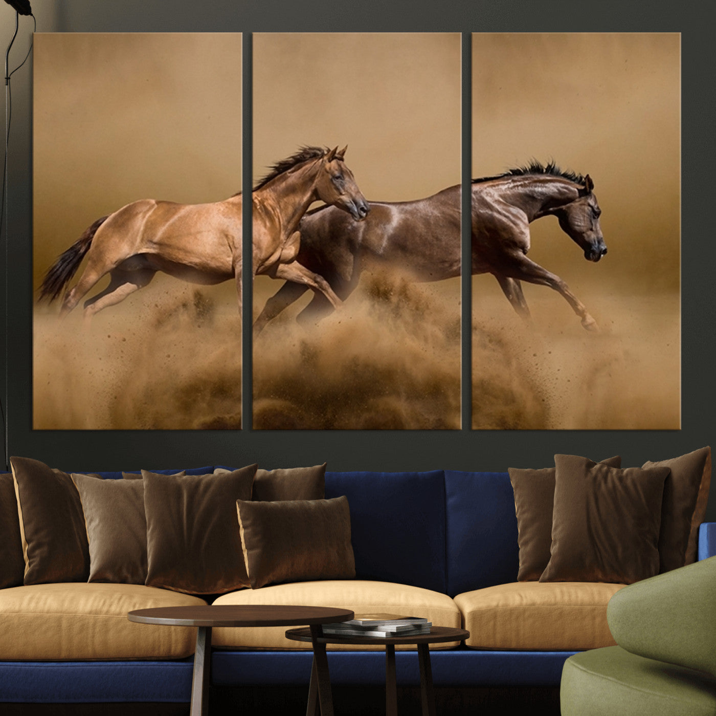 53721-MGV-CV-36X24-Large Wall Art Canvas Print – Two Running Brown Horses Motion Animal Artwork for Home, Office, Living Room Decor