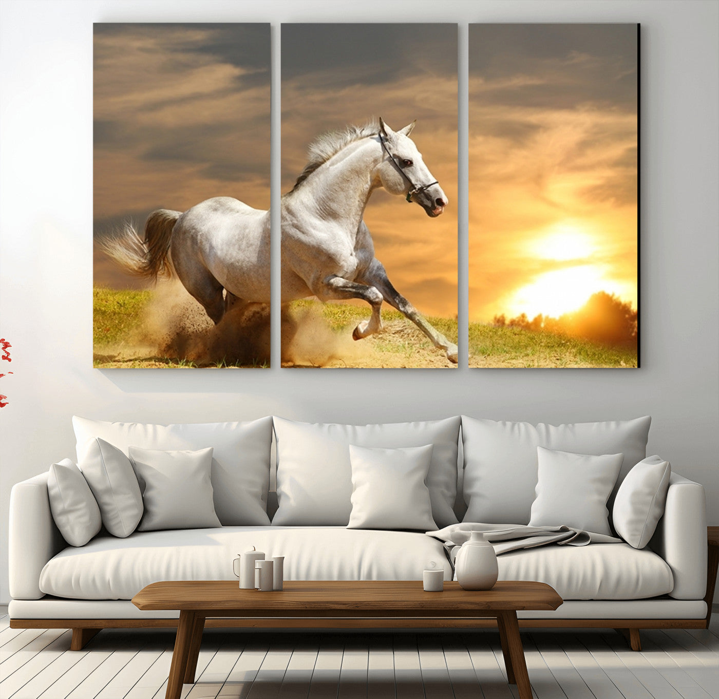 27413-MGV-CV-48X32-3P-Large Wall Art Galloping White Horse at Sunset Canvas Print