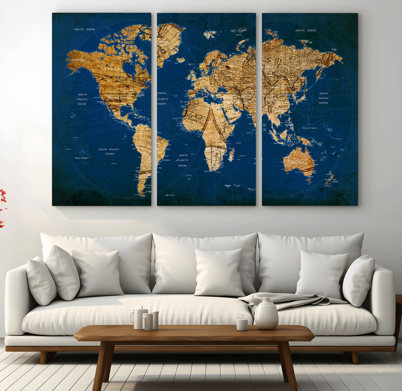 -Navy Blue and Gold World Map Canvas Print – Framed Luxury Push Pin Wall Art, Elegant Vintage Travel Map Decor for Home or Office