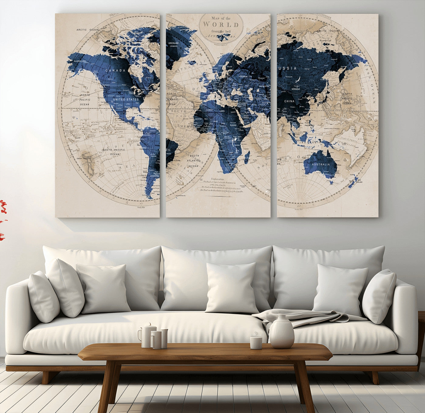 67444-MGV-CV-36X24-Vintage Blue World Map Canvas Wall Art – Antique Style Framed Map Print, Elegant Travel Decor for Home Office or Study
