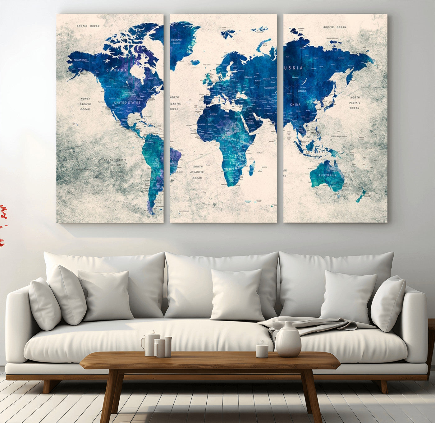 43947-MGV-CV-36X24-Blue Watercolor World Map Canvas Print – Framed Modern Wall Art, Elegant Push Pin Travel Map Decor for Home Office or Living Room