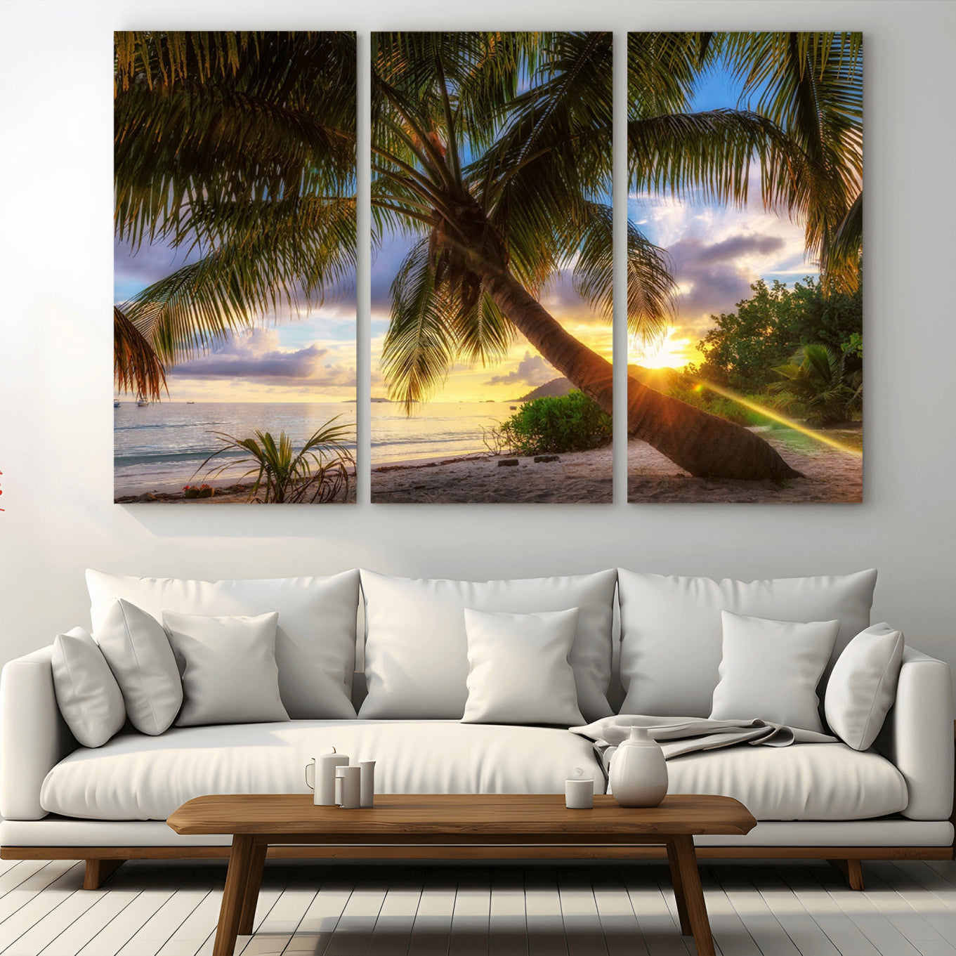 -Tropical Island Sunset on the Beach Palms Wall Art Canvas Print