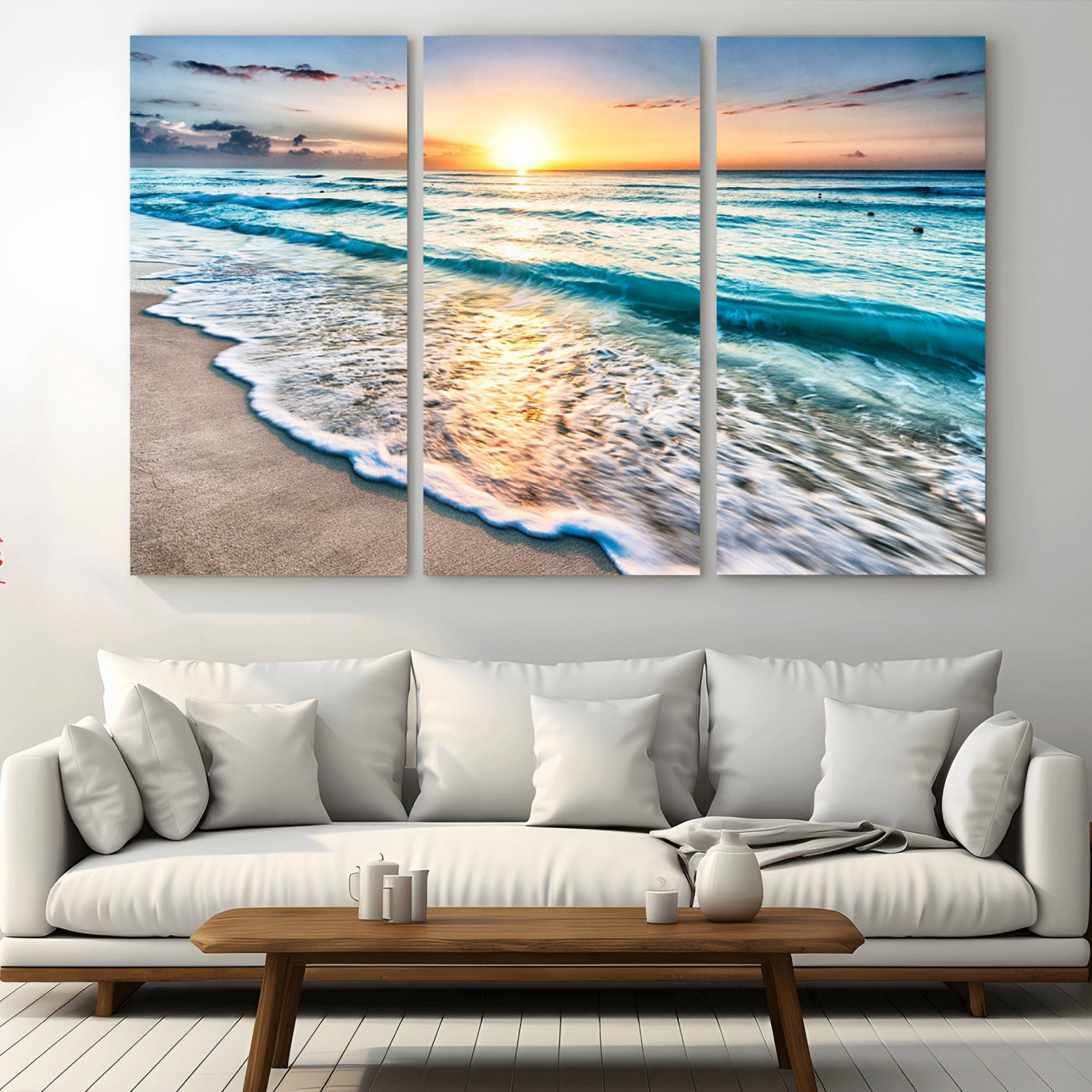 27815-MGV-CV-36X24-Sunset Beach Waves Canvas Wall Art – 5-Panel Ocean Sunset Print – Coastal Decor for Living Room or