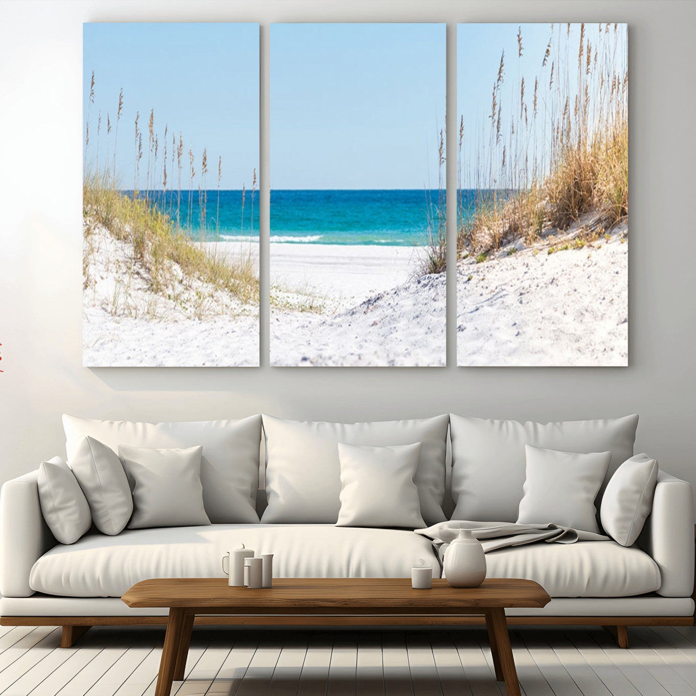 -Serene Coastal Dune Path with Ocean View, 3-Panel Beach Canvas Wall Art, Tranquil Seascape Giclee