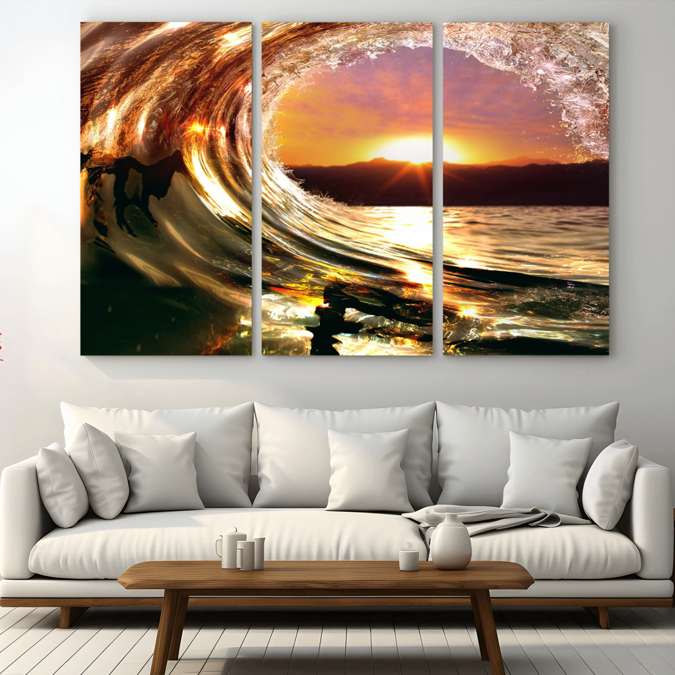 -Golden Wave Sunset Triptych Canvas Art, Giclee Canvas Print of Ocean Wave and Sunset, Framed Ocean