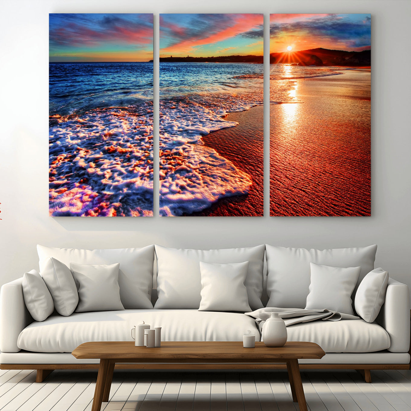47729-MGV-CV-48X32-3P-Colorful Coastal Sunset on the Beach Canvas Print, Ocean Waves Crashing at Dusk, Multi-Panel