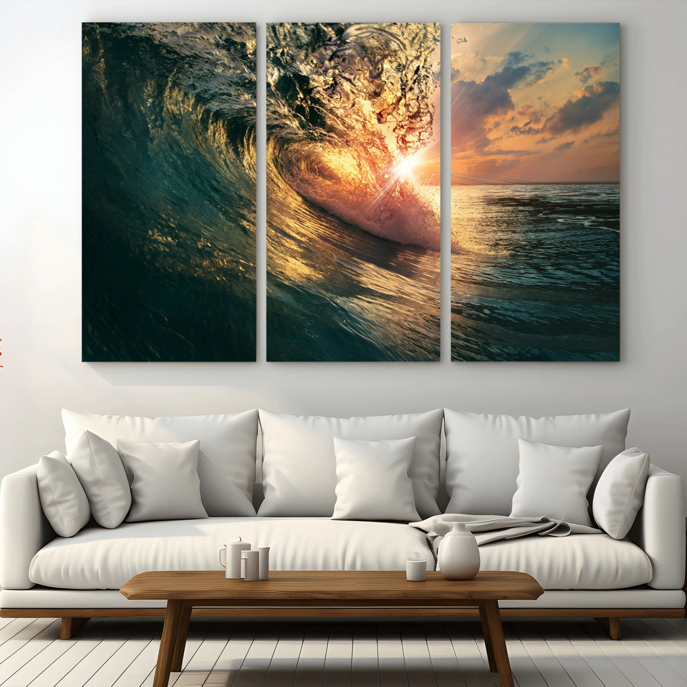 -Ocean Wave Sunset Canvas Wall Art – Triptych Seascape Print – Framed and Ready to Hang for Living
