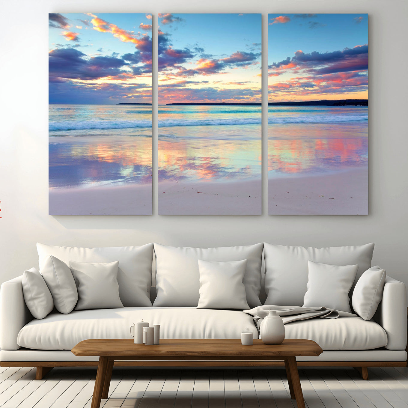 -Tranquil Pastel Sunset Beach Triptych Canvas Art, Soothing Coastal Ocean Shoreline Giclee Print,