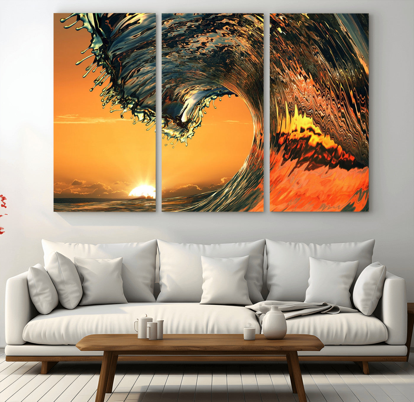 -Surf Wave Sunset Canvas Wall Art Print, 3-Panel Ocean Coastal Wall Art Print, Ocean Decor for