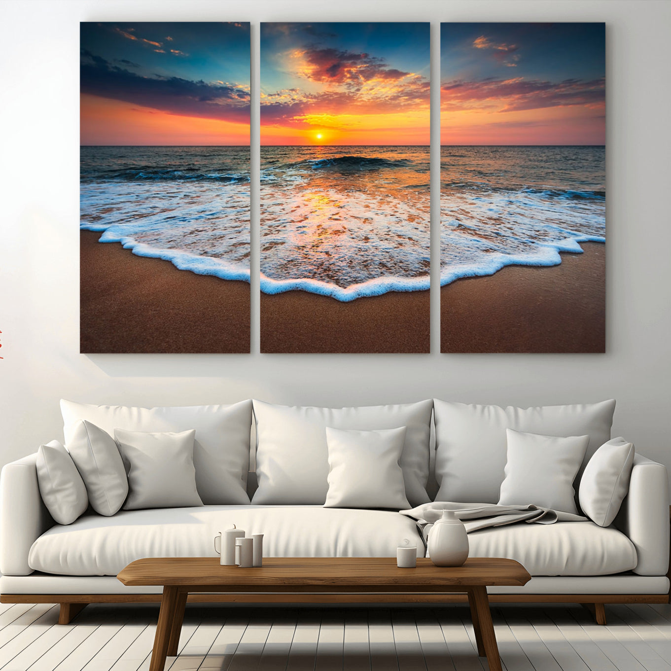 -Sunset Beach Canvas Wall Art – Colorful Ocean Waves Triptych – Coastal Decor for Living Room or