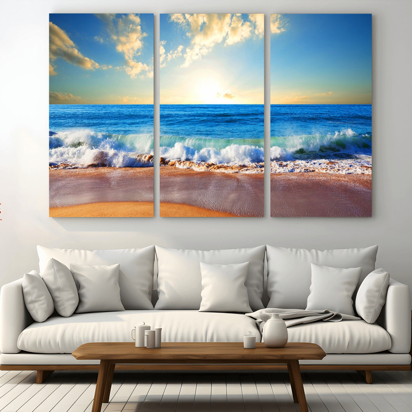 -Tropical Beach Sunset Canvas Art, Ocean Waves and Sandy Shoreline Wall Art, Large Beach Decor for