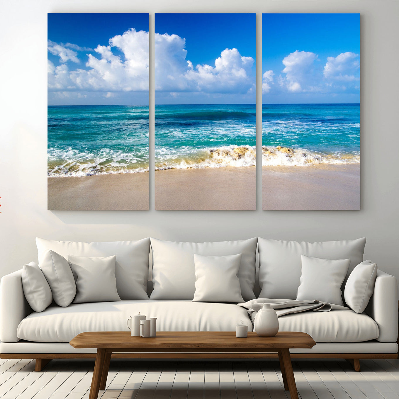 -Tropical Beach 3-Panel Canvas Wall Art – Serene Ocean Waves and Blue Sky Wall Art Print