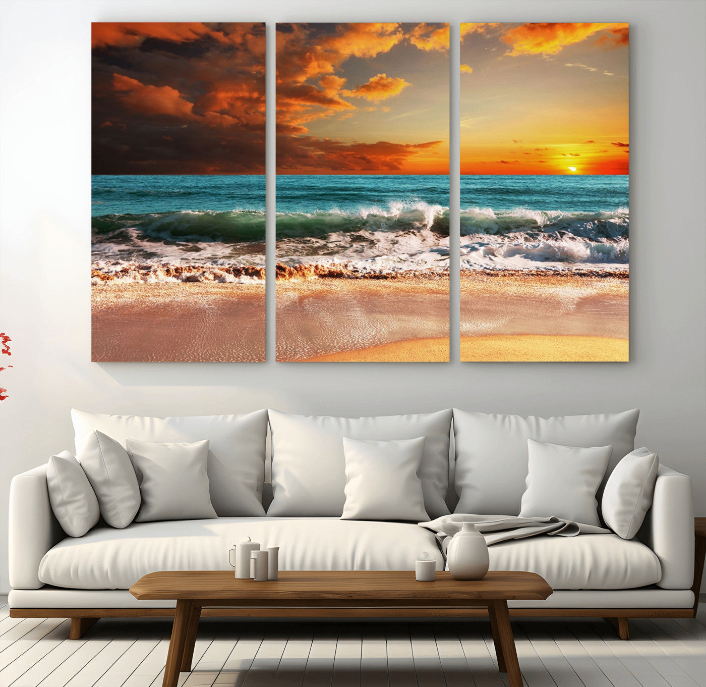 -Golden Sunset Beach Canvas Wall Art – Triptych Seascape Print – Framed and Ready to Hang for Living