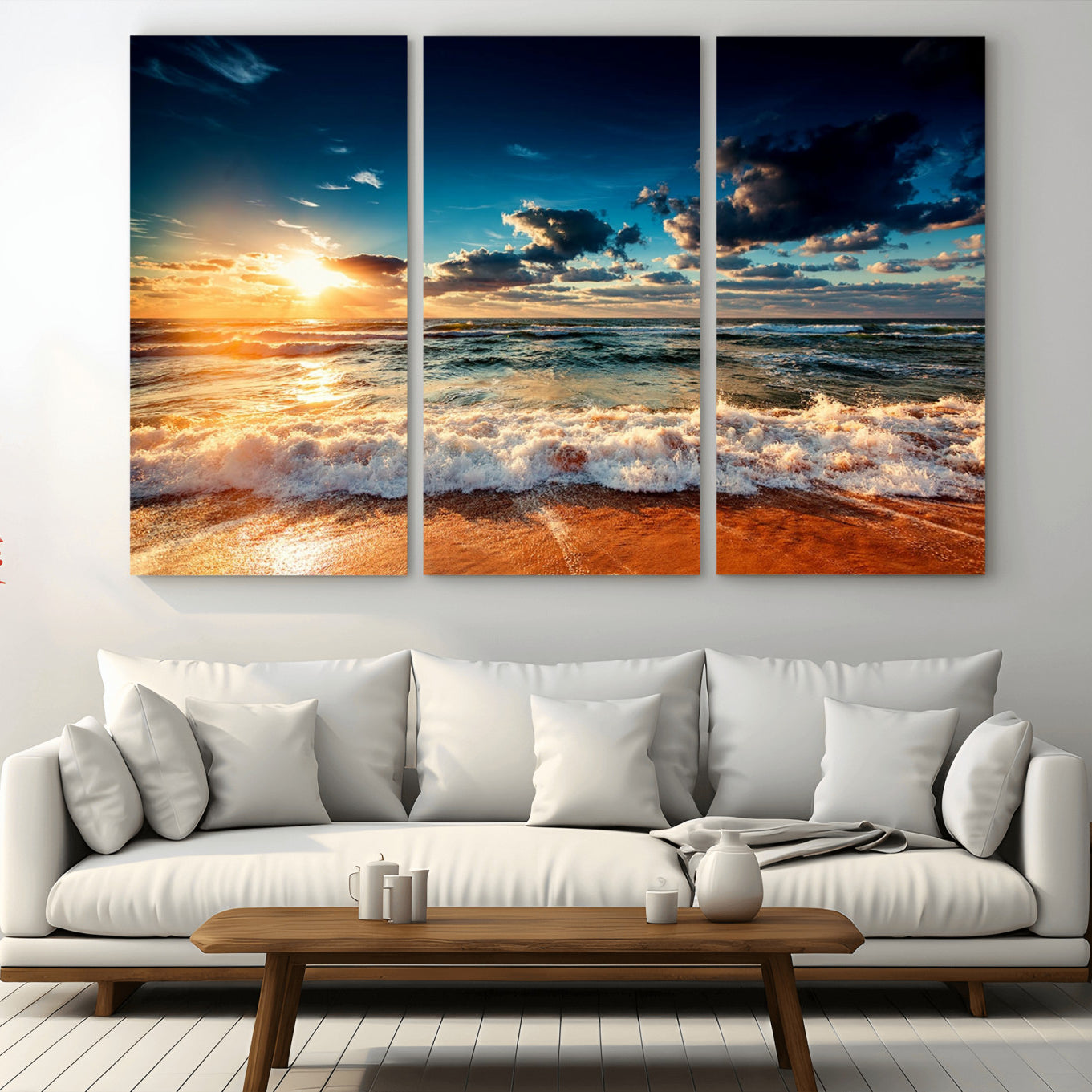 -Golden Hour Sunset Over Ocean Waves Wall Art Canvas Print | 3 Panel Coastal Landscape Canvas Wall