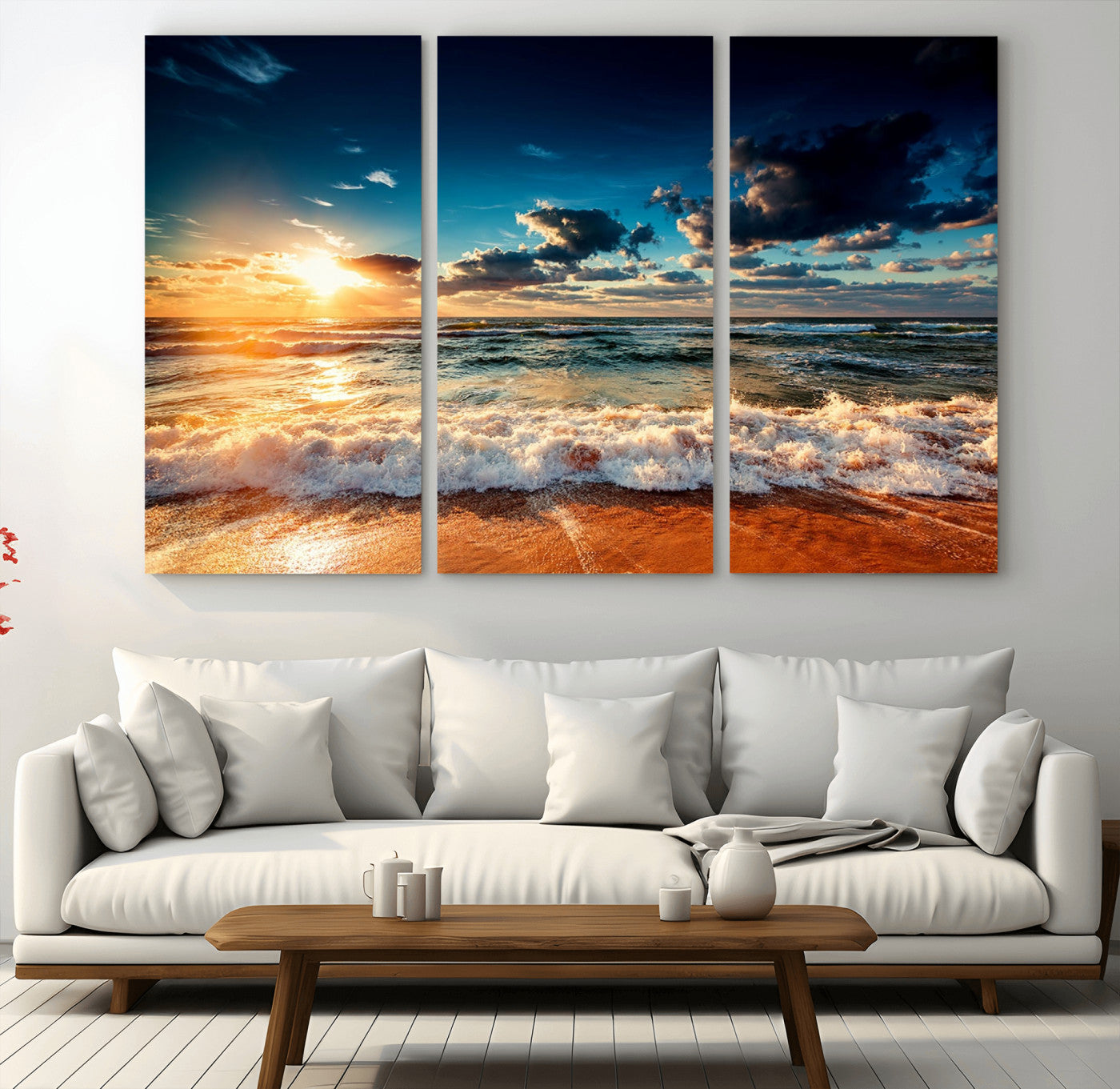 -Golden Hour Sunset Over Ocean Waves Wall Art Canvas Print | 3 Panel Coastal Landscape Canvas Wall