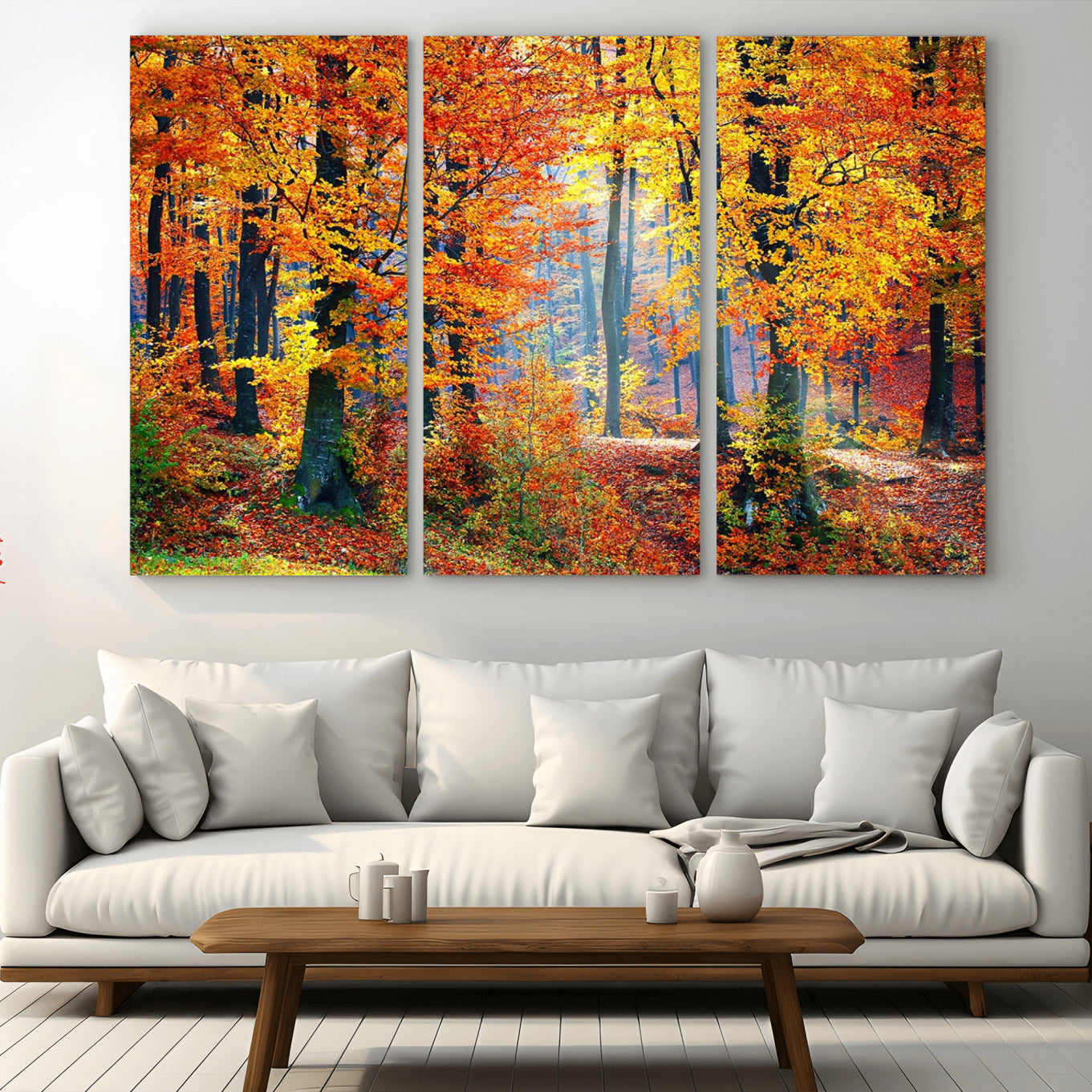 91746-MGV-CV-36X24-Autumn Red Forest Triptych Canvas Wall Art Print, Forest Wall Decor, Fall Landscape Art | Season