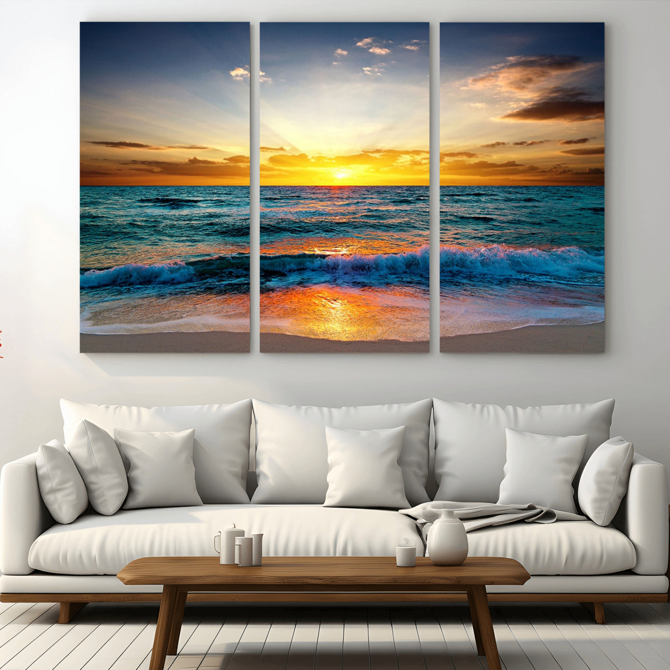 -Vibrant Ocean Sunrise Over Golden Beach Waves, Giclee Canvas Wall Art Set, High-Quality Stretched