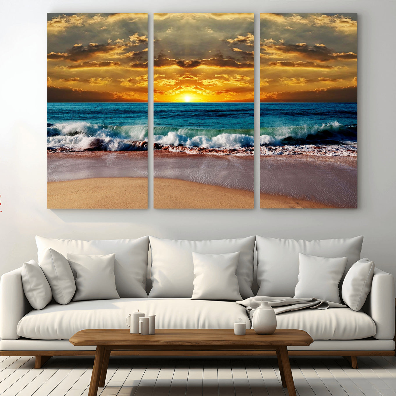-Ocean Sunrise Over Golden Beach Waves, Giclee Canvas Wall Art Set, High-Quality Stretched Canvas