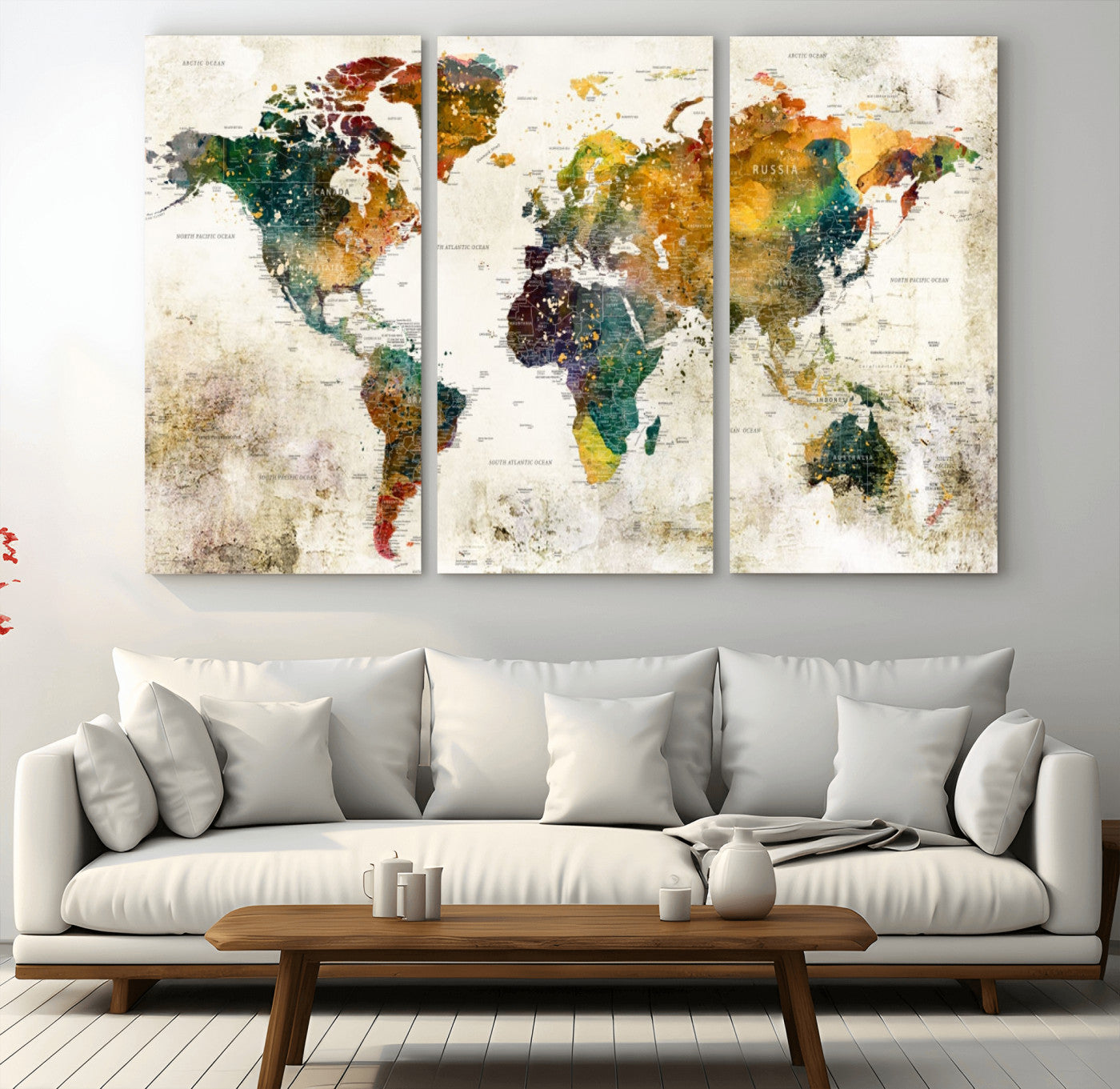 39605-MGV-CV-36X24-Vintage Watercolor World Map Canvas Wall Art – Framed Push Pin Travel Map for Home and Office Decor, Rustic Artistic World Map Artwork