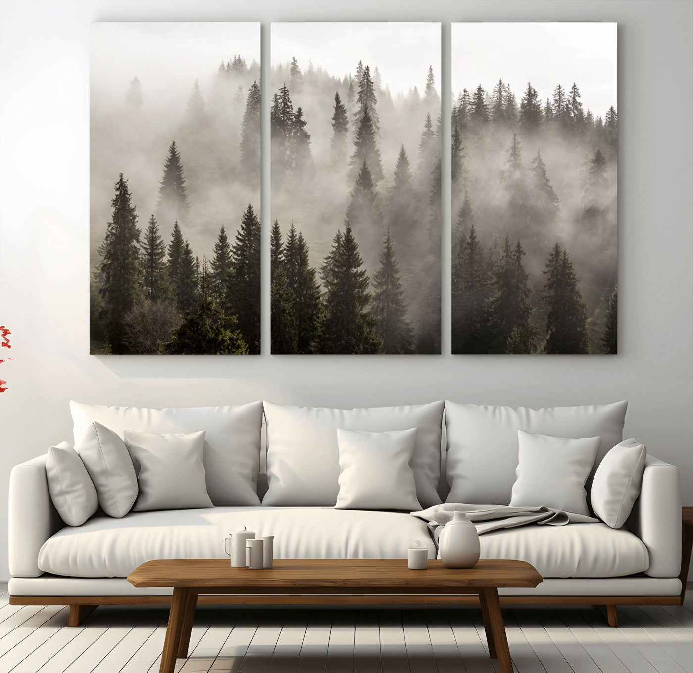 62862-MGV-CV-36X24-Foggy Mountain Wall Art | 3-Panel Foggy Forest and Mountain Landscape | Large Giclee Print for
