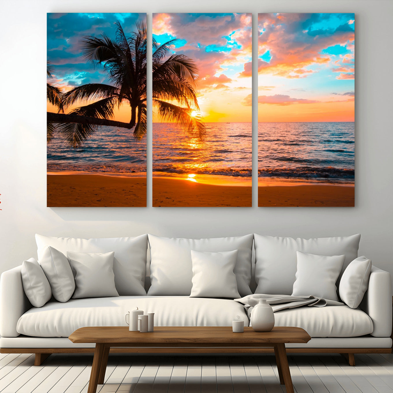 34674-MGV-CV-36X24-Palm Tree Sunset On The Beach Wall Art Canvas, Framed Palm Tree Sunset Canvas Print