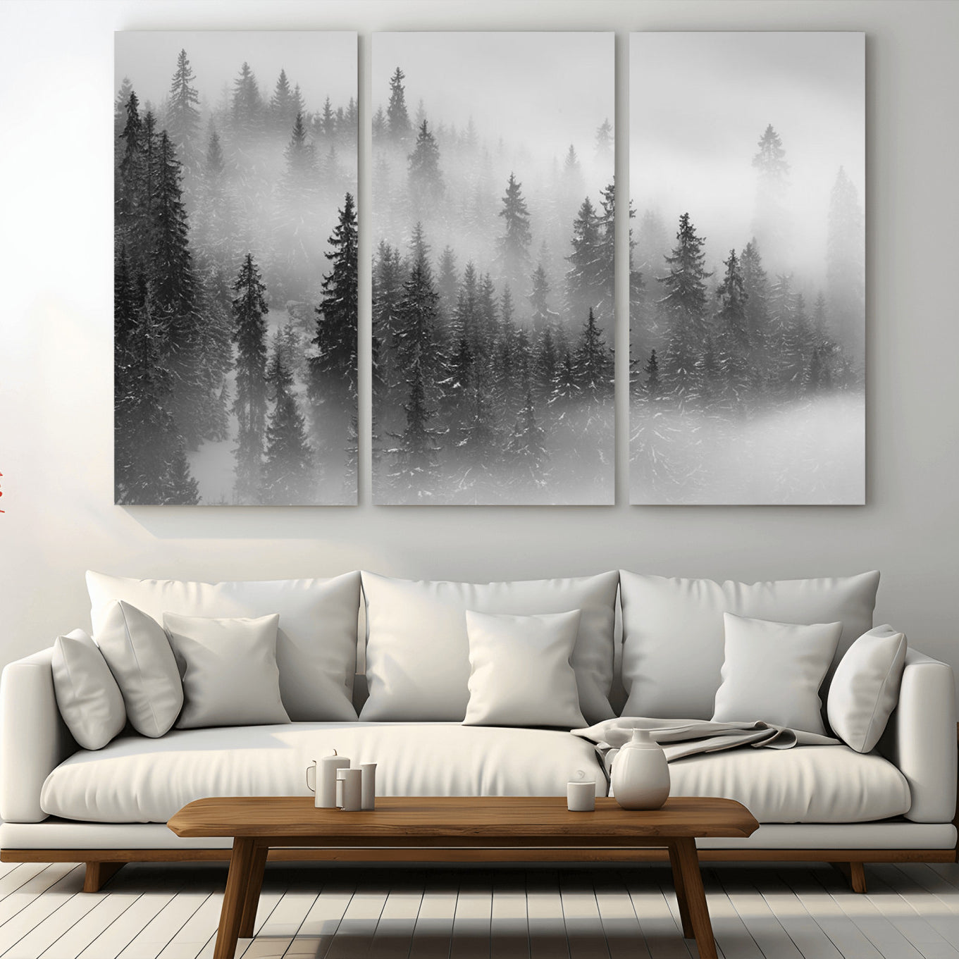 57235-MGV-CV-36X24-Foggy Misty Forest Canvas Wall Art – Black and White Landscape – Framed and Ready to Hang Modern