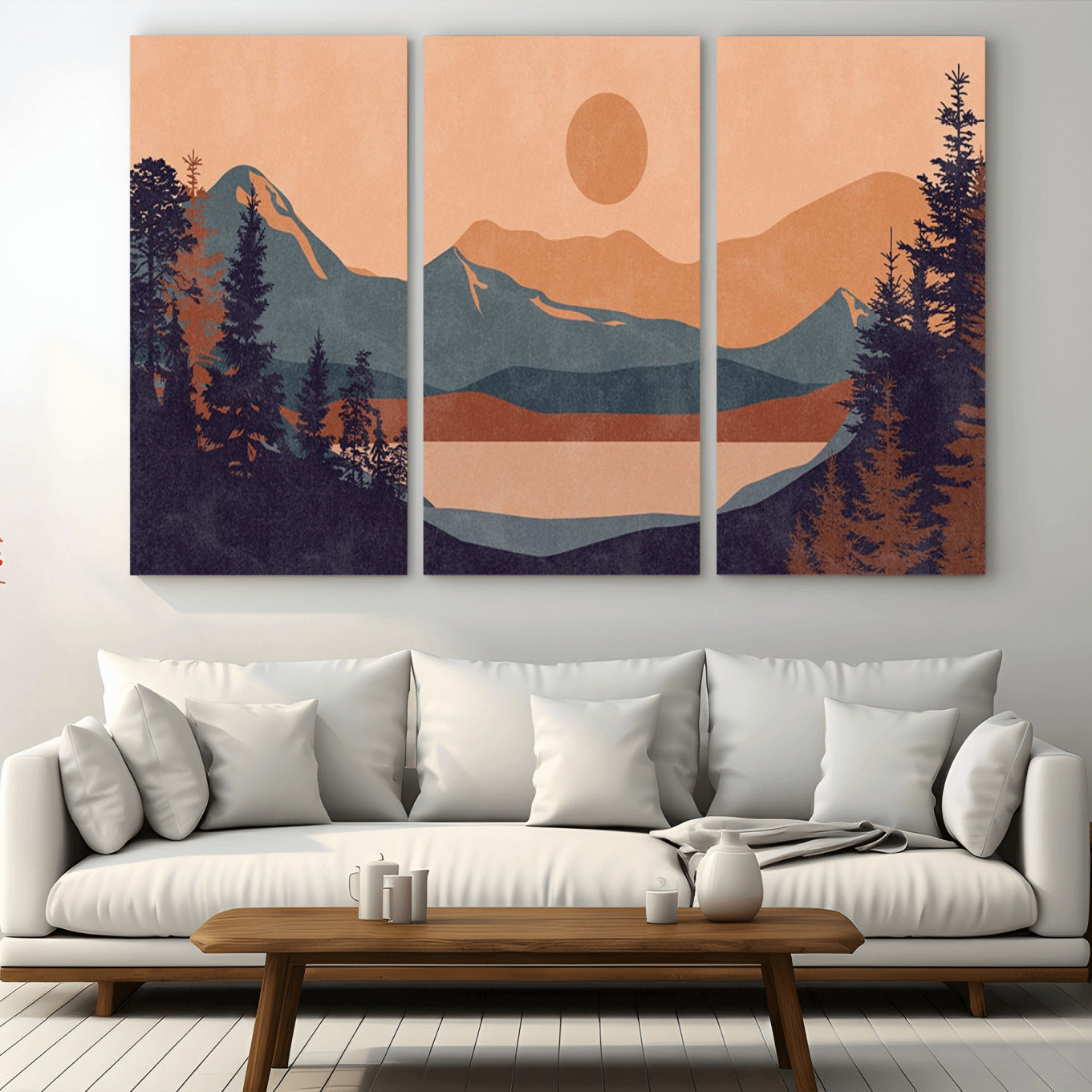 -Modern Boho Sunset Canvas Print, Mountain Landscape Triptych – Giclée Canvas Art Print for Living