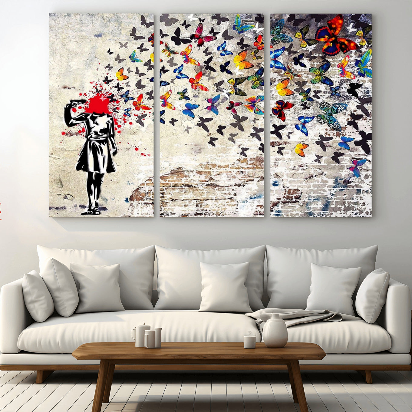 -Banksy Art Butterfly Girl Explosion Canvas Art – Vibrant Urban Graffiti for Modern Interiors - Ready