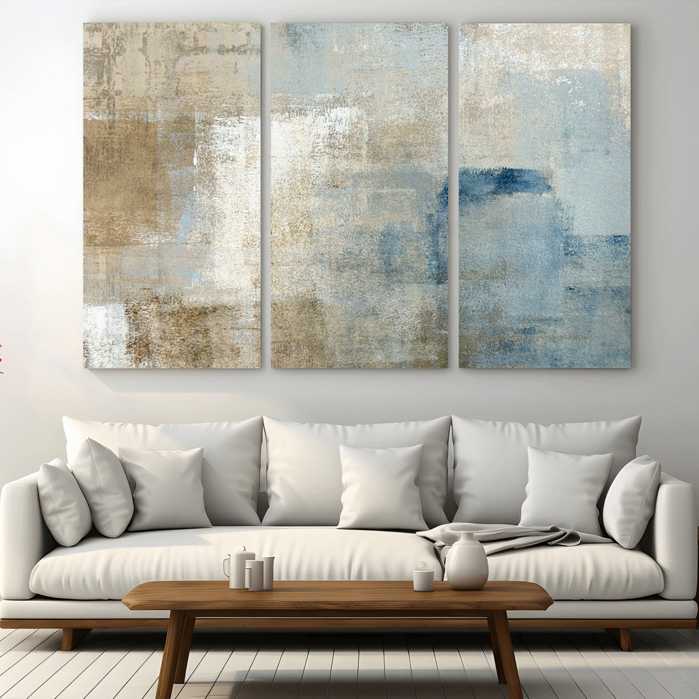 -Abstract Blue and Beige Wall Art, Modern Minimalist Canvas Print Set, Giclee Textured Art, Large