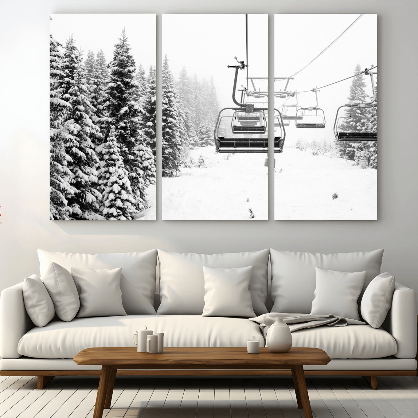 70609-MGV-CV-48X32-3P-Ski Wall Art - Ski Lift Wall Art Canvas Print Snow Covered Spruce Trees Winter Wall Art Ski Skier