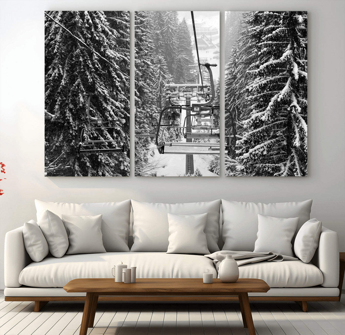 19240-MGV-CV-36X24-Winter Ski Lift Black and White Canvas Wall Art – Alpine Escape in Minimalist Style – Winter Ski