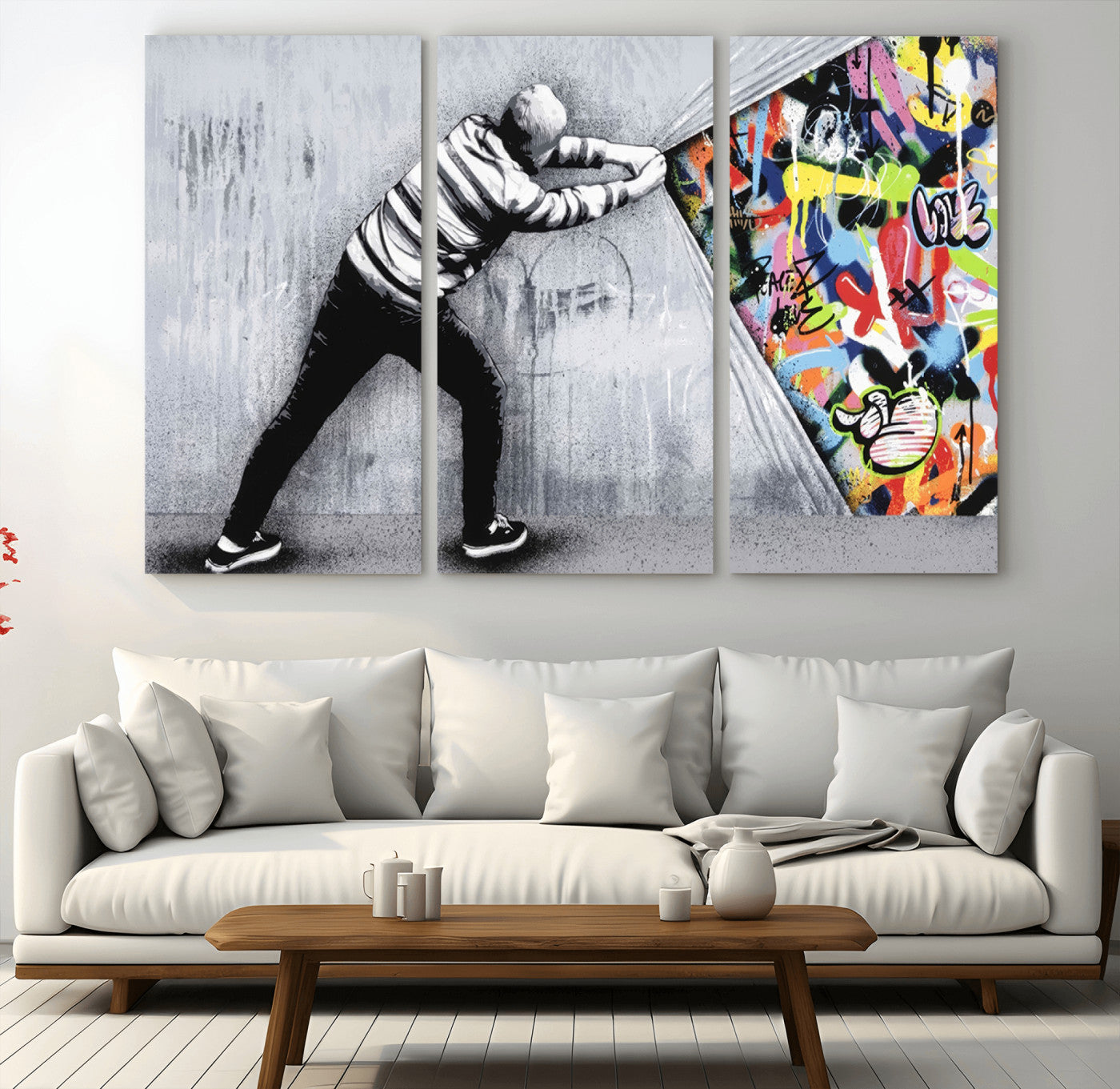52252-MGV-CV-36X24-Banksy Art Behind the Curtain Street Wall Art Canvas Print | 3-Panel Urban Graffiti-Inspired Wall