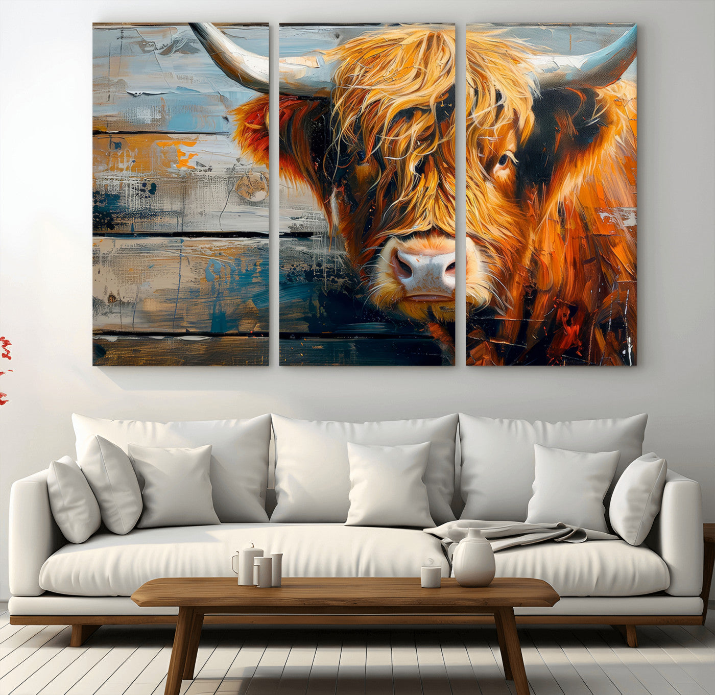 -Highland Cow Abstract Canvas Wall Art – Bold Farmhouse Rustic Decor – Ready to Hang