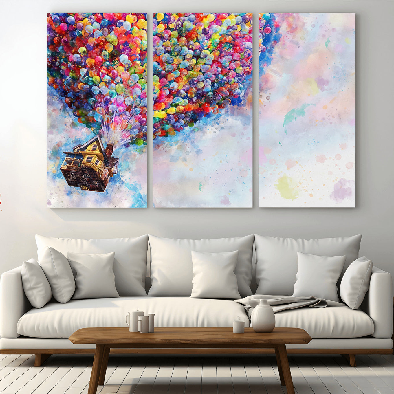29167-MGV-CV-48X32-3P-Don't Look Up Movie Canvas Wall Art - Vibrant Floating House and Balloons Scene, Tribute to Iconic