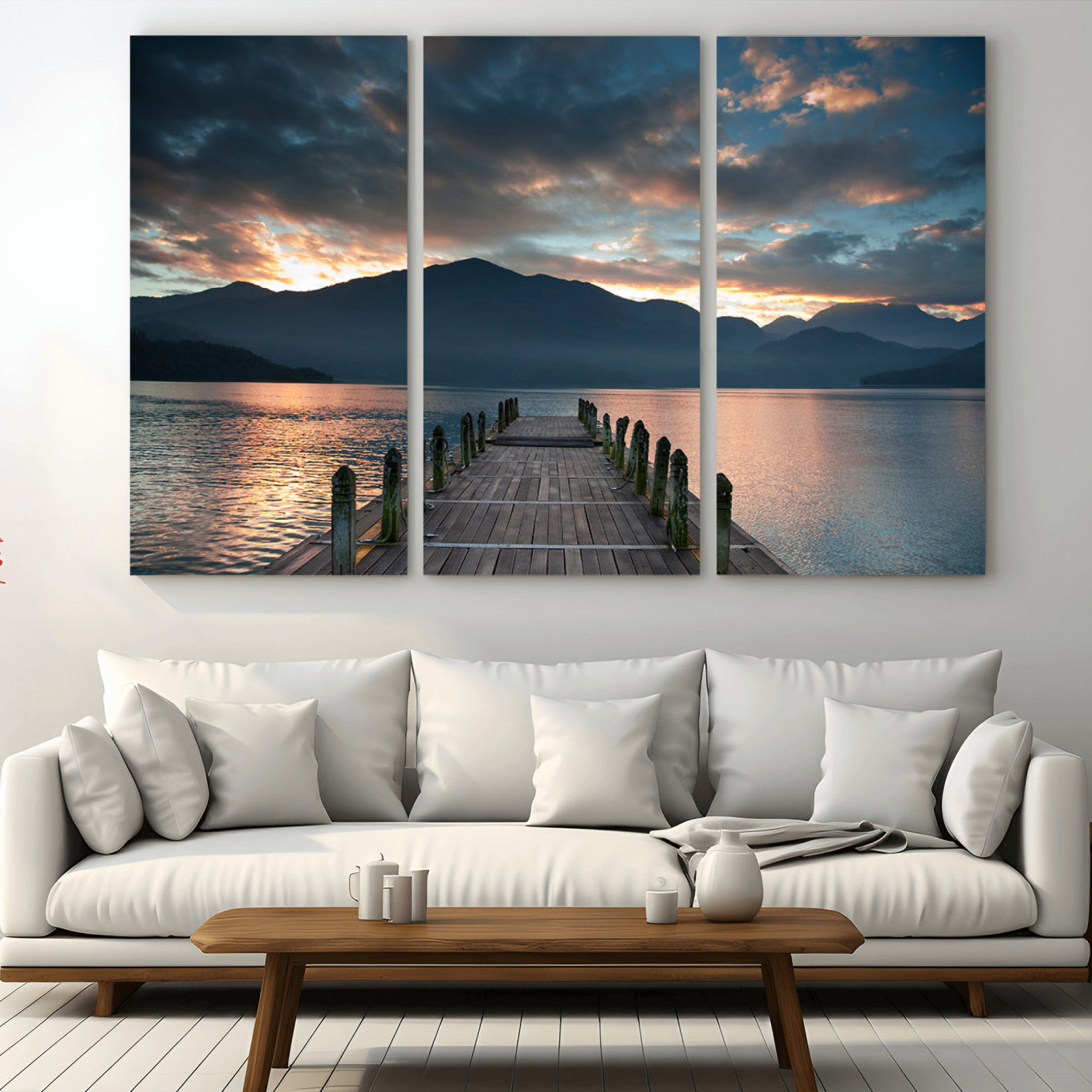 -Mountain Lake Wood Pier Canvas Wall Art Nature Lake Print