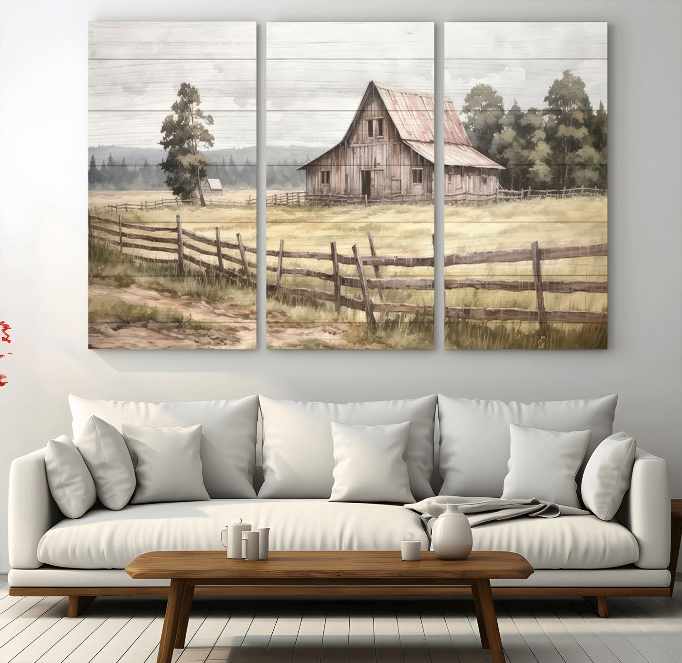 87489-MGV-CV-36X24-Rustic Farmhouse Barn Wall Art | 3-Panel Framed Gallery Wrap Giclee Canvas Print for Living Room,