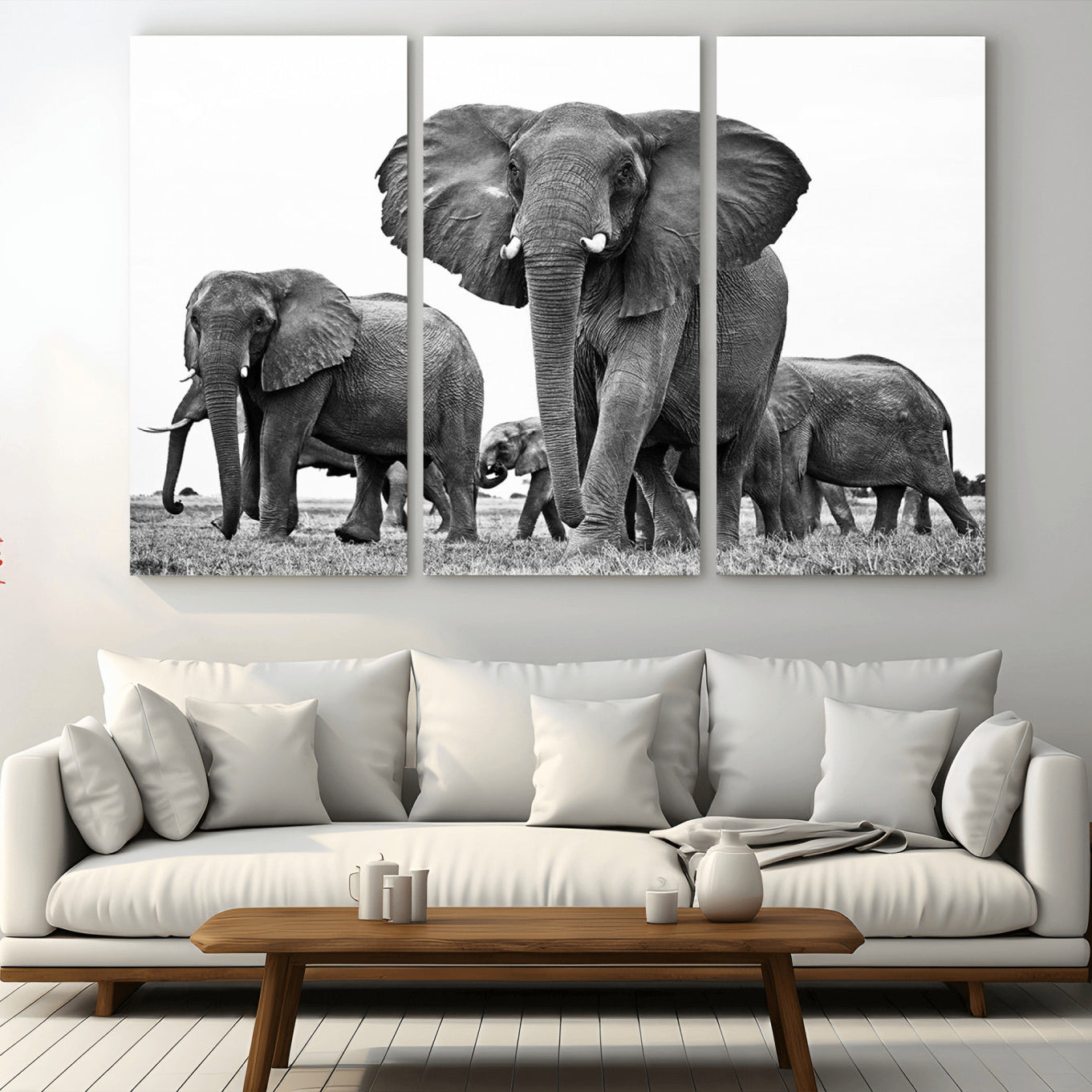 -Black White Elephant Family Wall Art Canvas Print