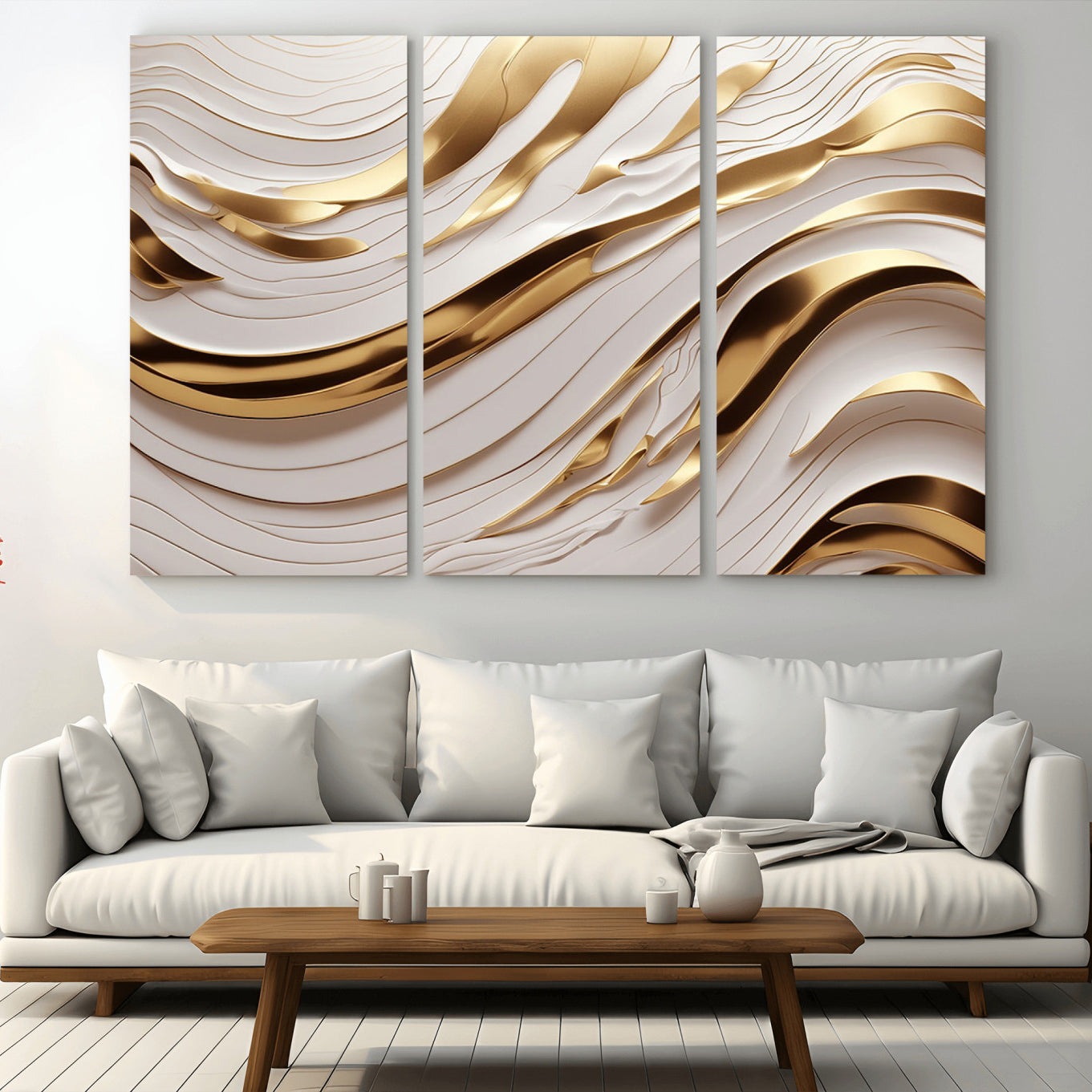 81197-MGV-CV-36X24-Gold and White Abstract Wave Canvas – Elegant Flowing Design with Luxurious Golden Accents –
