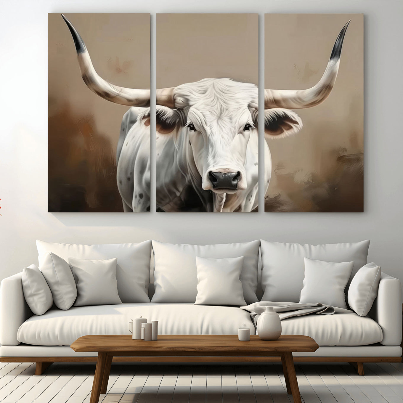 -White Longhorn Bull Wall Art Canvas Print – Framed and Ready to Hang – Perfect for Farmhouse and